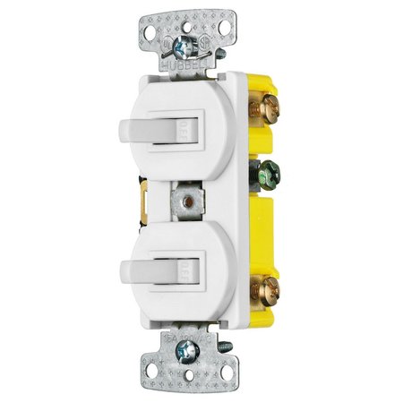 HUBBELL WIRING DEVICE-KELLEMS Switches and Lighting Controls, Combination Devices, Residential Grade, 1) Single Pole Toggle, 1) Three Way Toggle, 15A 120V AC, Self Grounding , Side Wired, White RC103W